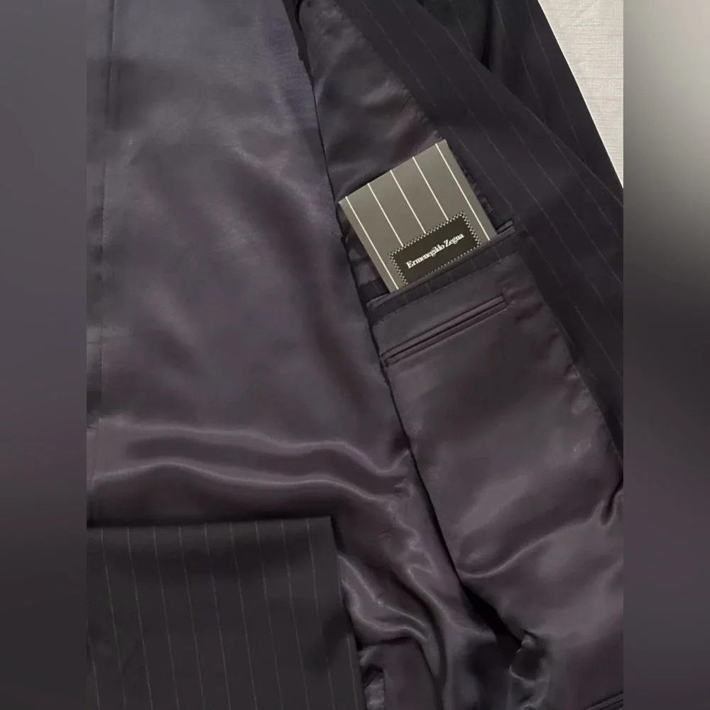 $2450 NEW IMPERFECT 58 46 R/L ERMENEGILDO ZEGNA SUIT BANKERS NAVY PINSTRIPE
